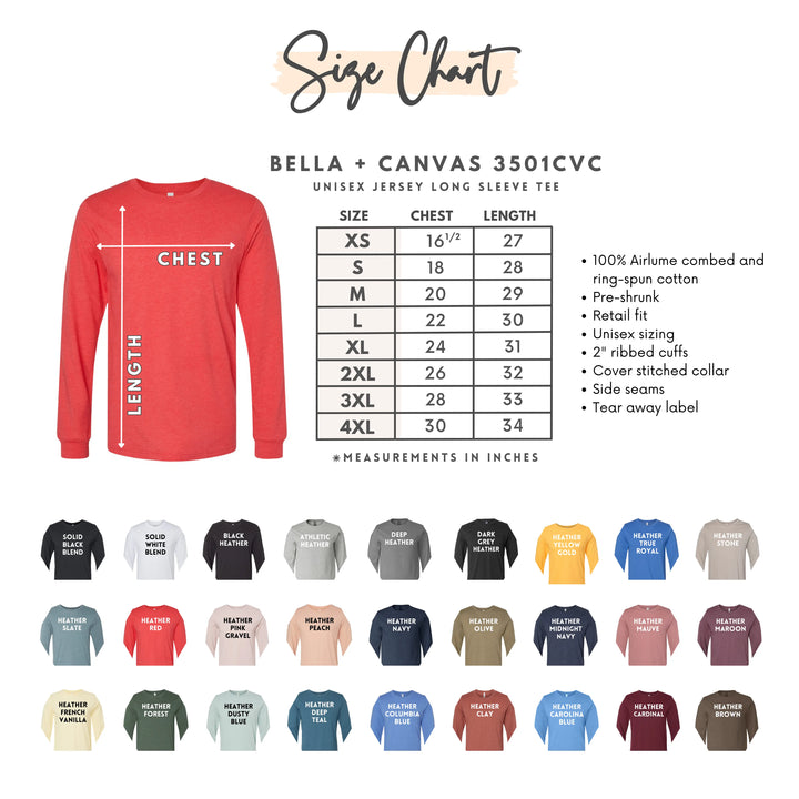 A nicely organized color and size chart for the Bella+Canvas 3501CVC model