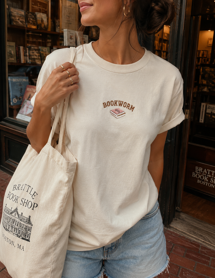 Embroidered Bookworm T-shirt, Ivory Comfort Colors Bookish Tee