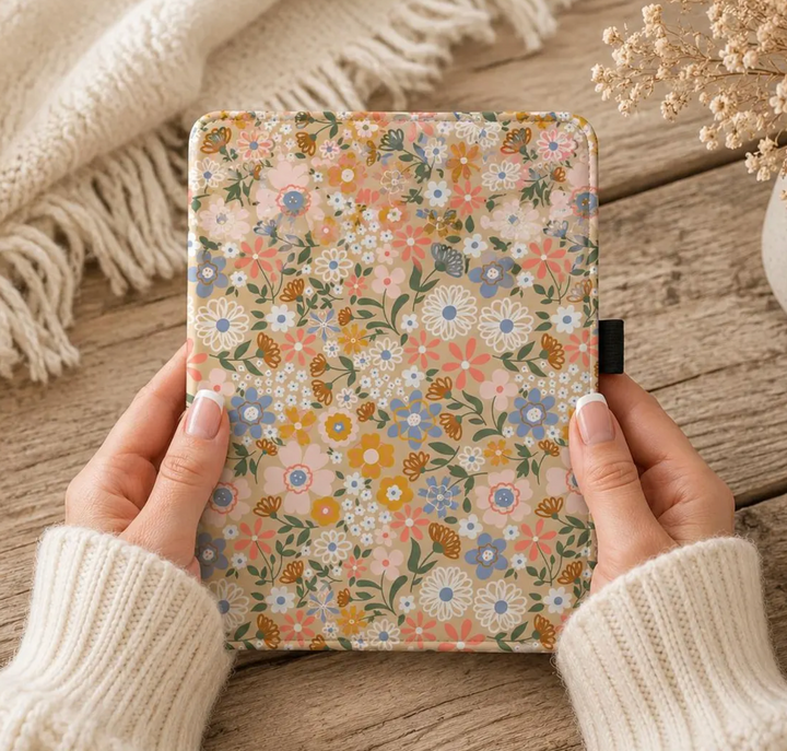 Blue & Yellow Floral Kindle Case with Stand & Hand Strap