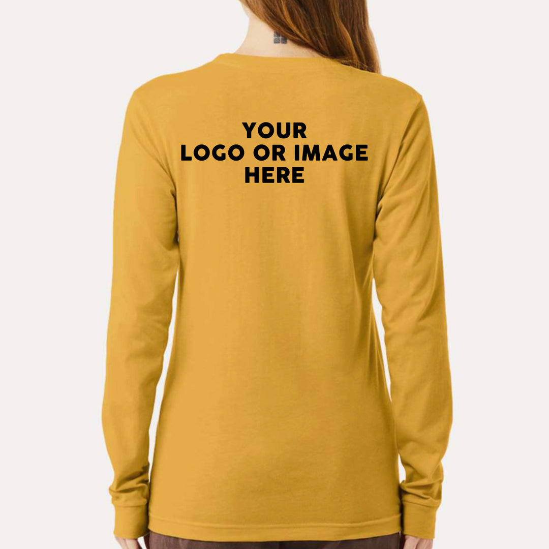 a woman showing the back of a long sleeve t-shirt which features a custom printed logo