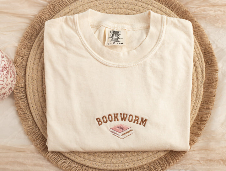 Embroidered Bookworm T-shirt, Ivory Comfort Colors Bookish Tee
