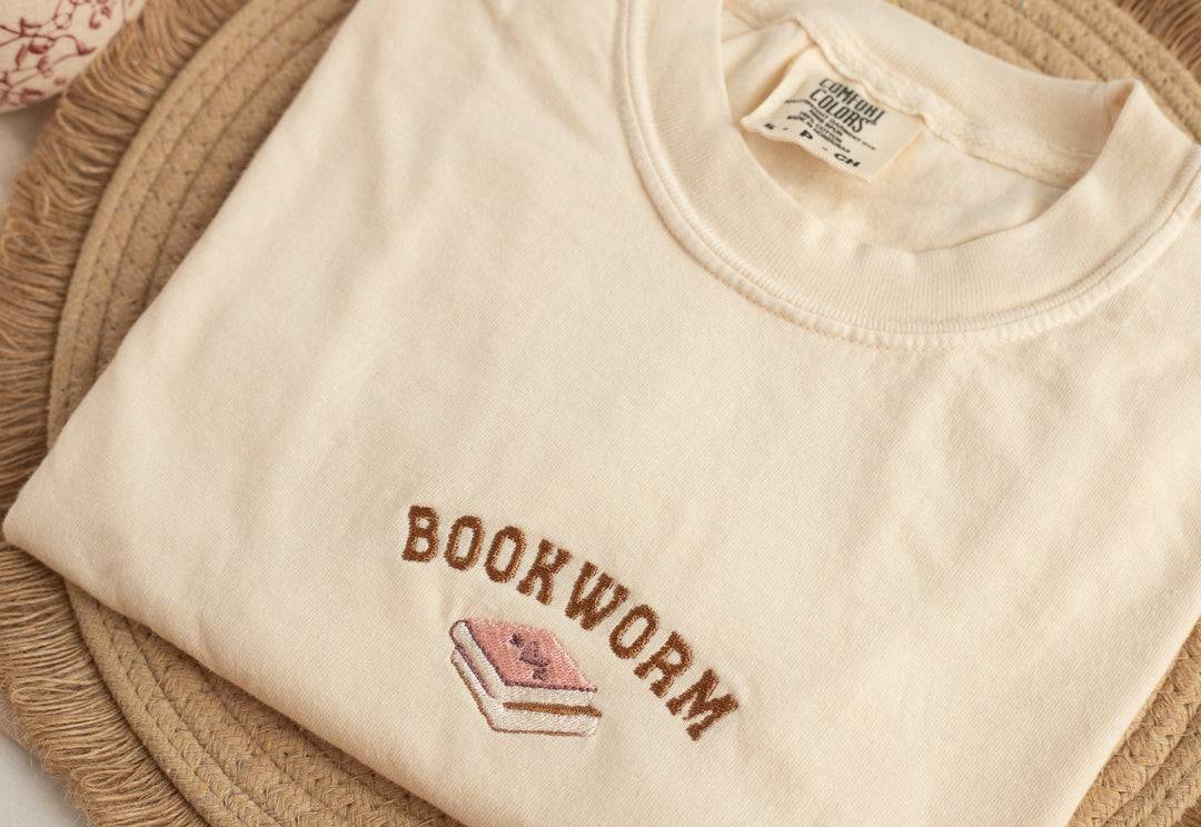 Embroidered Bookworm T-shirt, Ivory Comfort Colors Bookish Tee