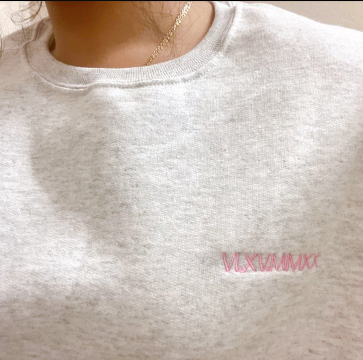 Custom Embroidered Roman Numeral Crewneck Sweatshirt, Couples Gifts Anniversary Gifts, Sleeve Embroidered Couples Sweatshirts ROP97C