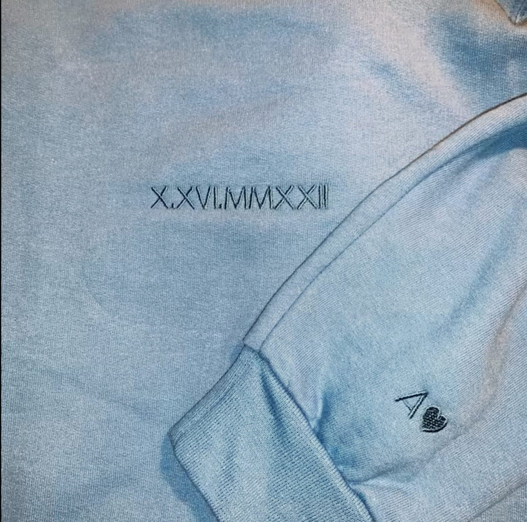 Custom Embroidered Roman Numeral Crewneck Sweatshirt, Couples Gifts Anniversary Gifts, Sleeve Embroidered Couples Sweatshirts ROP97C