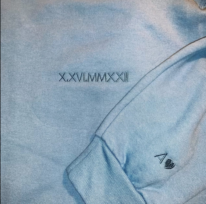 Custom Embroidered Roman Numeral Crewneck Sweatshirt, Couples Gifts Anniversary Gifts, Sleeve Embroidered Couples Sweatshirts ROP97C