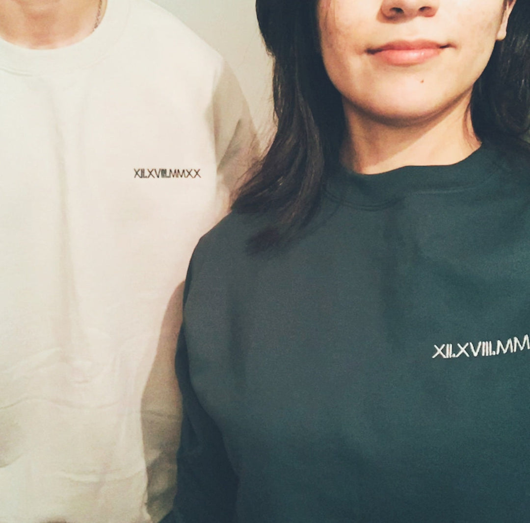 Custom Embroidered Roman Numeral Crewneck Sweatshirt, Couples Gifts Anniversary Gifts, Sleeve Embroidered Couples Sweatshirts ROP97C