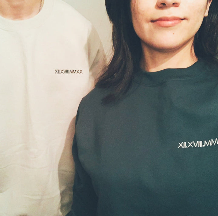 Custom Embroidered Roman Numeral Crewneck Sweatshirt, Couples Gifts Anniversary Gifts, Sleeve Embroidered Couples Sweatshirts ROP97C