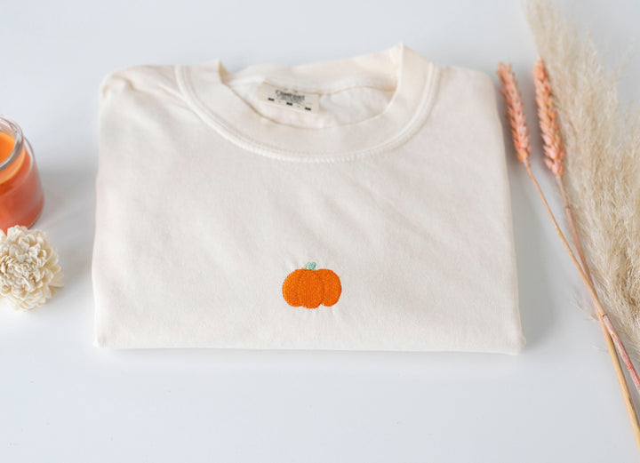 Pumpkin Embroidered T-shirt, Natural Color Pumpkin T-shirt, Trendy Fall T-shirt, Cute Fall shirts Women, Minimalist Fall Halloween MP1-C-97