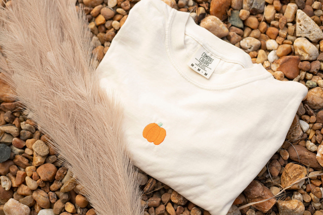 Pumpkin Embroidered T-shirt, Natural Color Pumpkin T-shirt, Trendy Fall T-shirt, Cute Fall shirts Women, Minimalist Fall Halloween MP1-C-97