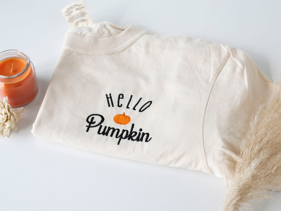 Embroidered Hello Pumpkin T-shirt, Ivory Pumpkin T-shirt, Trendy Fall T-shirt, Cute Fall shirts for Women, Minimalist Halloween, HELLOP-P-97