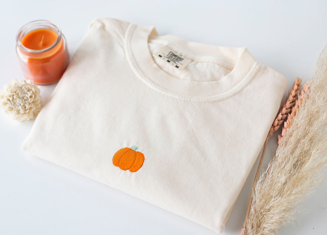 Pumpkin Embroidered T-shirt, Natural Color Pumpkin T-shirt, Trendy Fall T-shirt, Cute Fall shirts Women, Minimalist Fall Halloween MP1-C-97