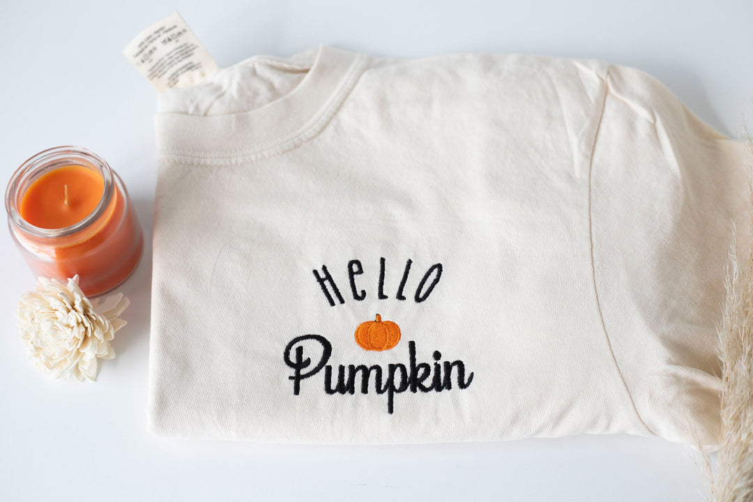 Embroidered Hello Pumpkin T-shirt, Ivory Pumpkin T-shirt, Trendy Fall T-shirt, Cute Fall shirts for Women, Minimalist Halloween, HELLOP-P-97