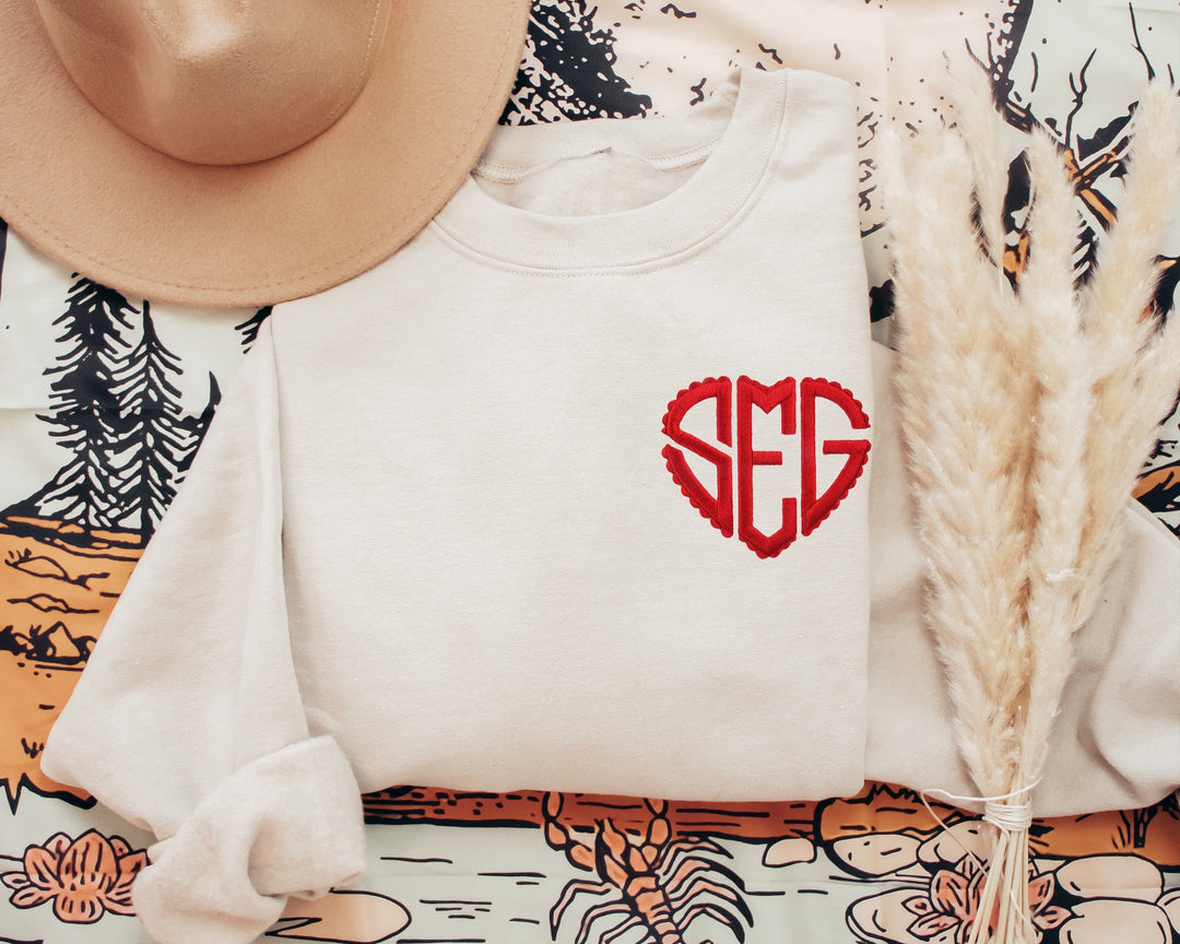Custom Embroidered Valentines Day Sweatshirt, Valentines Day Heart Monogram Crewneck or Hoodie, Custom Embroidered Heart Sweatshirt SMP97C X