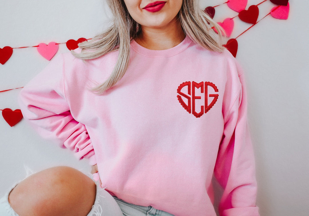 Custom Embroidered Valentines Day Sweatshirt, Valentines Day Heart Monogram Crewneck or Hoodie, Custom Embroidered Heart Sweatshirt SMP97C