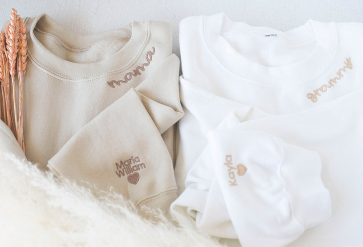 Custom Collar and Sleeve Embroidered Sweatshirt, Embroidered Mom Grandmother Sweatshirt with Kids Names Kids Names, Personalized NEN97C X