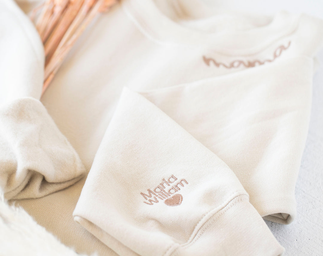Custom Collar and Sleeve Embroidered Sweatshirt, Embroidered Mom Grandmother Sweatshirt with Kids Names Kids Names, Personalized NEN97C, X