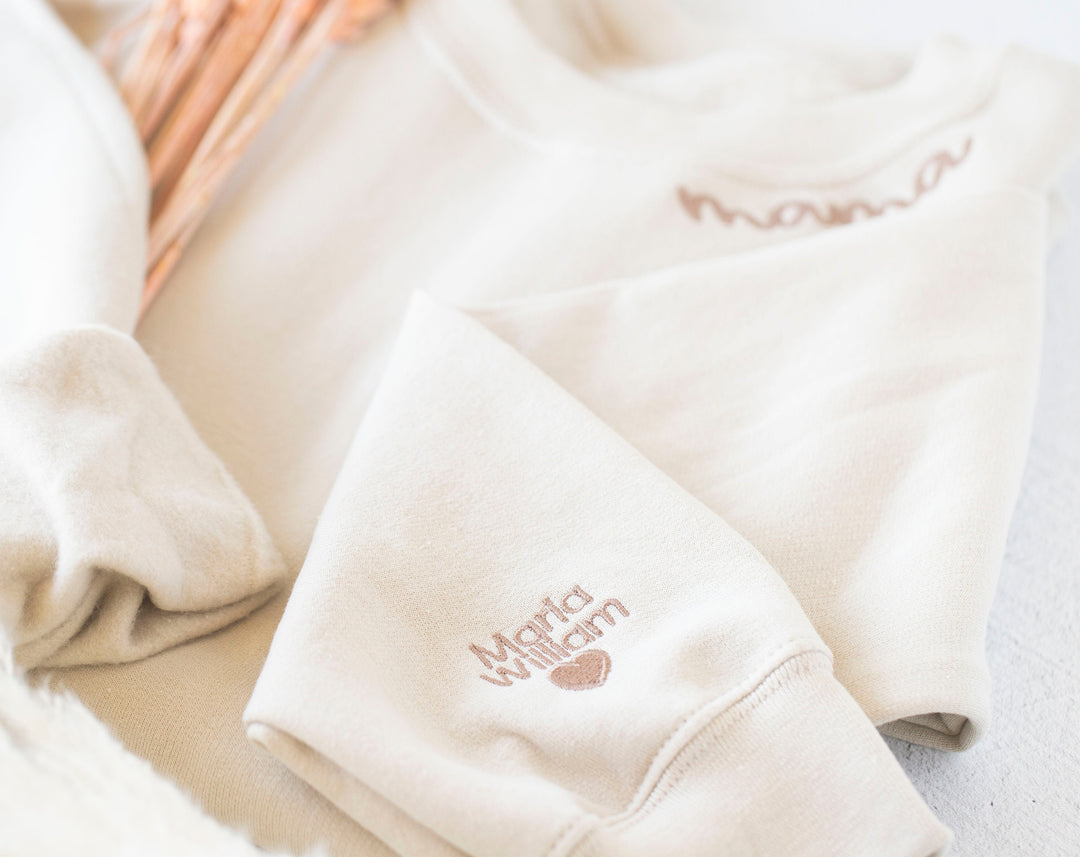 Custom Collar and Sleeve Embroidered Sweatshirt, Embroidered Mom Grandmother Sweatshirt with Kids Names Kids Names, Personalized NEN97C X