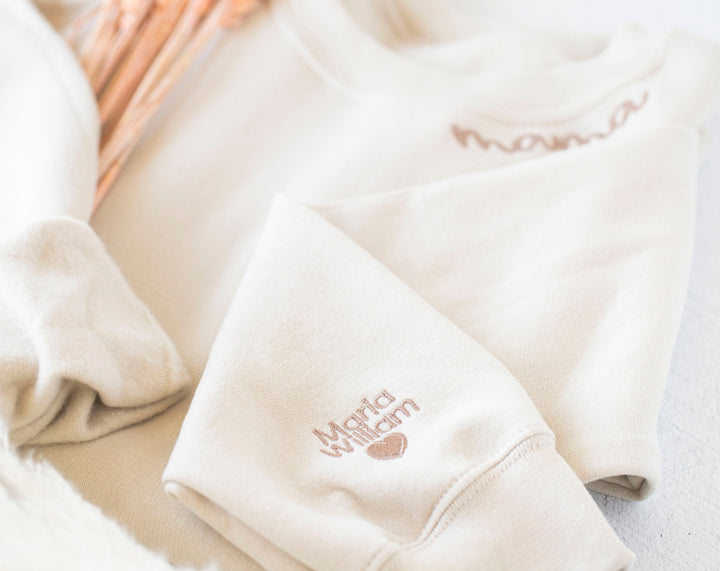 Custom Collar and Sleeve Embroidered Sweatshirt, Embroidered Mom Grandmother Sweatshirt with Kids Names Kids Names, Personalized NEN97C X