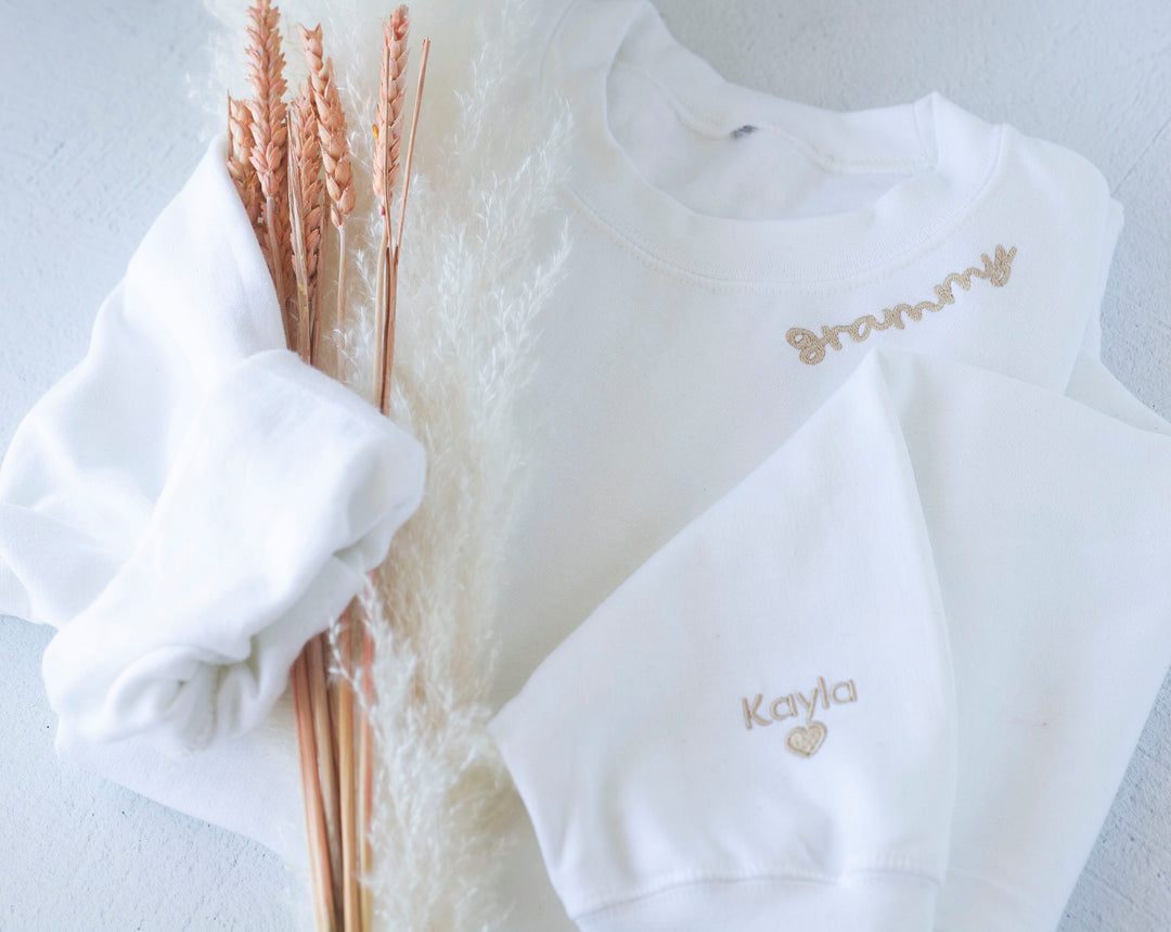 Custom Collar and Sleeve Embroidered Sweatshirt, Embroidered Mom Grandmother Sweatshirt with Kids Names Kids Names, Personalized NEN97C, X