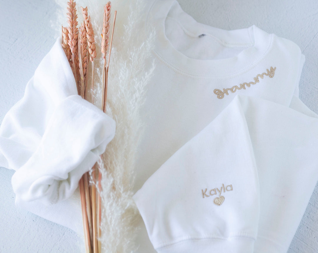 Custom Collar and Sleeve Embroidered Sweatshirt, Embroidered Mom Grandmother Sweatshirt with Kids Names Kids Names, Personalized NEN97C X