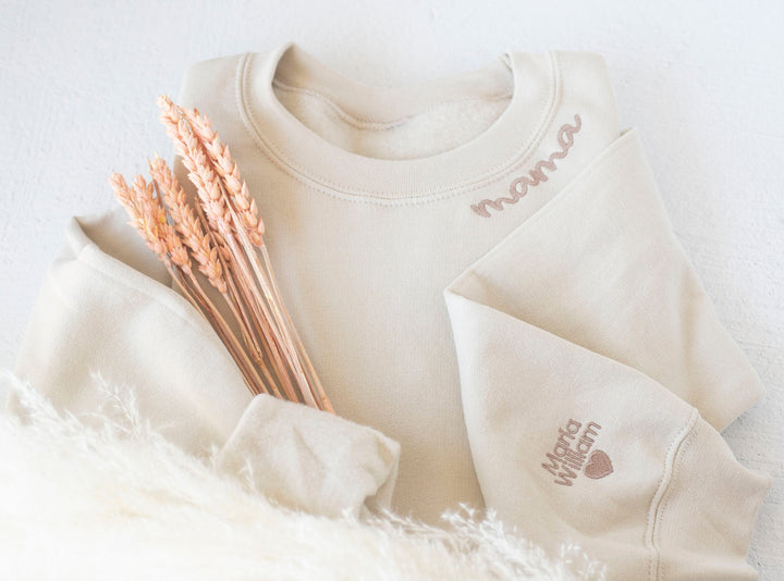 Custom Collar and Sleeve Embroidered Sweatshirt, Embroidered Mom Grandmother Sweatshirt with Kids Names Kids Names, Personalized NEN97C X