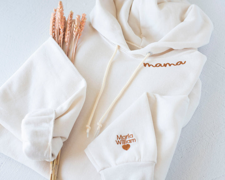Custom Collar and Sleeve Embroidered Hoodie, Embroidered Mom mama Grandmother Hoodie with Kids Names Kids Names, Personalized NEN97C X