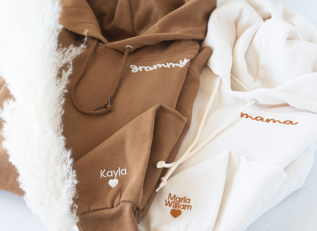 Custom Collar and Sleeve Embroidered Hoodie, Embroidered Mom mama Grandmother Hoodie with Kids Names Kids Names, Personalized NEN97C X