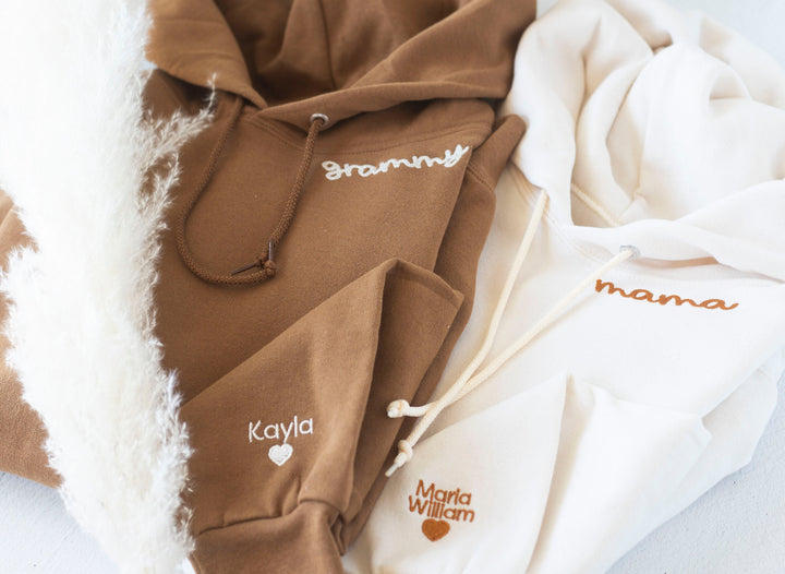 Custom Collar and Sleeve Embroidered Hoodie, Embroidered Mom mama Grandmother Hoodie with Kids Names Kids Names, Personalized NEN97C X