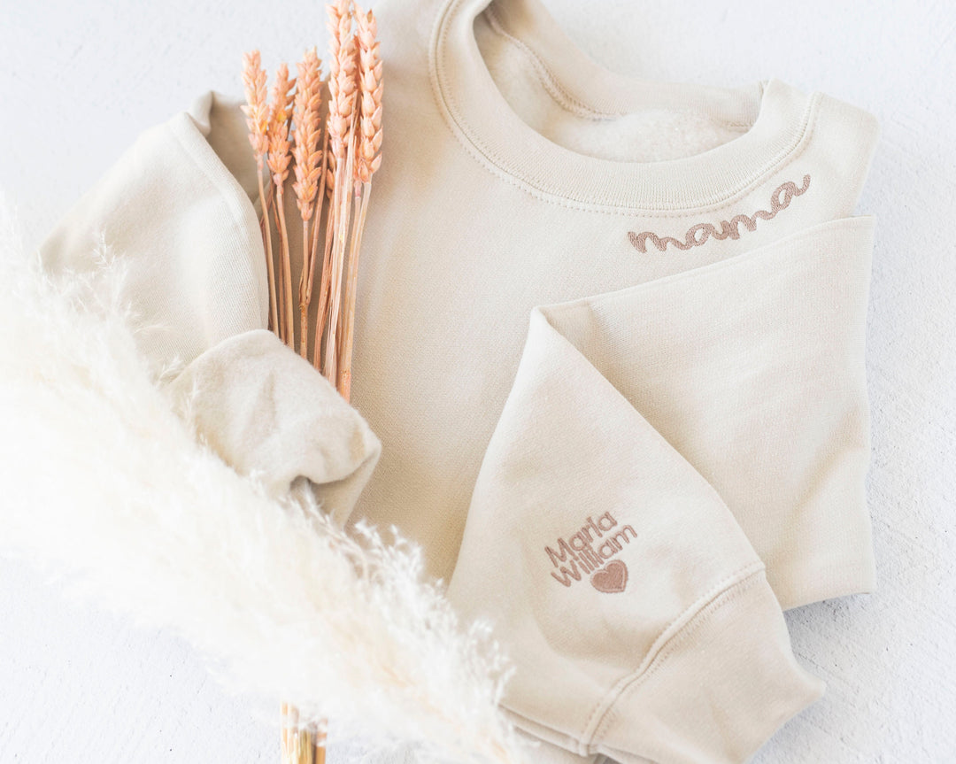 Custom Collar and Sleeve Embroidered Sweatshirt, Embroidered Mom Grandmother Sweatshirt with Kids Names Kids Names, Personalized NEN97C X