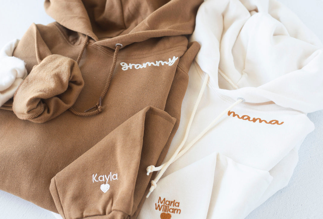 Custom Collar and Sleeve Embroidered Hoodie, Embroidered Mom mama Grandmother Hoodie with Kids Names Kids Names, Personalized NEN97C X