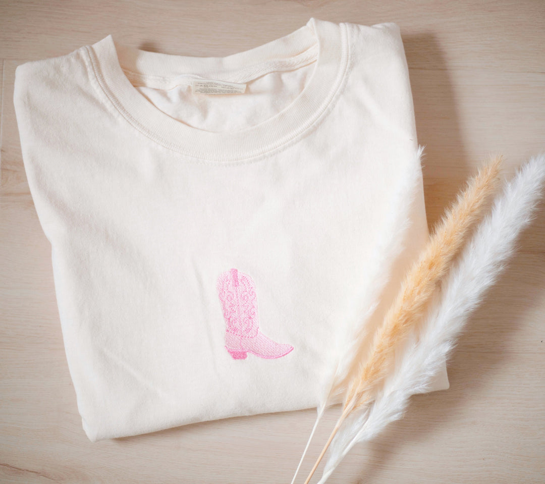 Embroidered Pink Cowboy Boot Tshirt, Embroidered tshirt, Embroidered Cowgirl Tshirt, Embroidered Shirt, Cow Girl Tshirt Boots COWBT-C-97