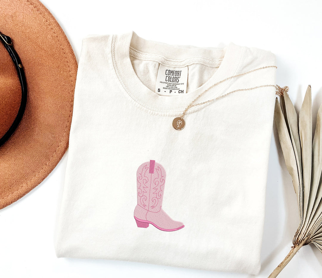 Embroidered Pink Cowboy Boot Tshirt, Embroidered tshirt, Embroidered Cowgirl Tshirt, Embroidered Shirt, Cow Girl Tshirt Boots COWBT-C-97