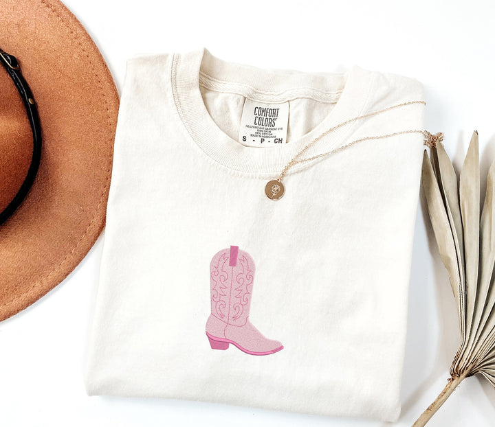 Embroidered Pink Cowboy Boot Tshirt, Embroidered tshirt, Embroidered Cowgirl Tshirt, Embroidered Shirt, Cow Girl Tshirt Boots COWBT-C-97