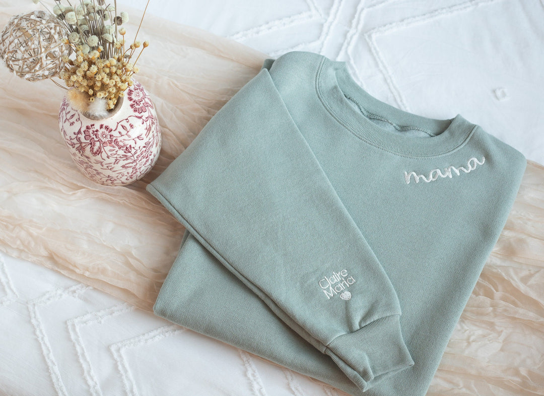 Embroidered Mother's Day Gift, New Mom Gifts, Collar and Sleeve Embroidered Mama Sweatshirt, Custom Gifts Mom, Embroidered Mom NEN97C X