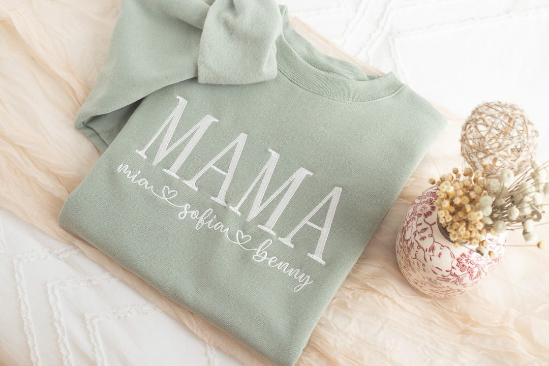 Custom Embroidered Mama Sweatshirt with kids, Mama Grammy Embroidered Crew, Embroidered Mom mama Grandmother Sweatshirt Kids Names MAC250C X