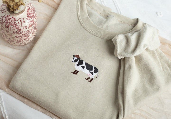Embroidered Cow in Boots Sweatshirt, Embroidered Cow Heart Sweatshirt, Cute Sweatshirts for Women & Men, Trendy Crewneck, COWINB-C-97