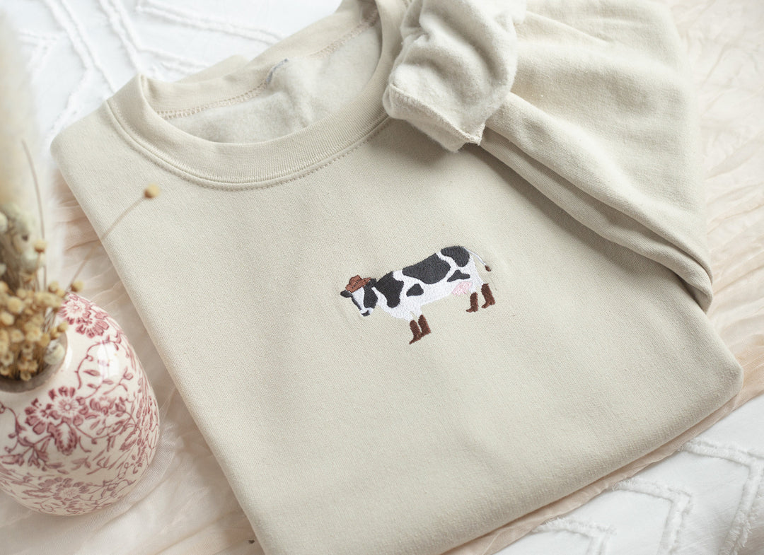 Embroidered Cow in Boots Sweatshirt, Embroidered Cow Heart Sweatshirt, Cute Sweatshirts for Women & Men, Trendy Crewneck, COWINB-C-97