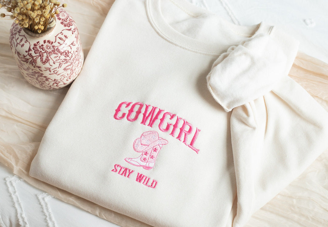 Embroidered Cowgirl Sweatshirt, Embroidered Stay Wild Sweatshirt, Cute Sweatshirts for Women, Trendy Crewneck, Bachelorette Party WILD-C-196