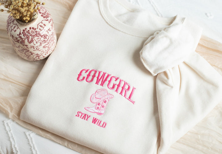 Embroidered Cowgirl Sweatshirt, Embroidered Stay Wild Sweatshirt, Cute Sweatshirts for Women, Trendy Crewneck, Bachelorette Party WILD-C-196