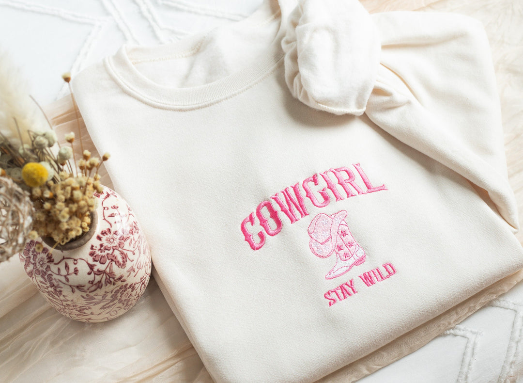 Embroidered Cowgirl Sweatshirt, Embroidered Stay Wild Sweatshirt, Cute Sweatshirts for Women, Trendy Crewneck, Bachelorette Party WILD-C-196