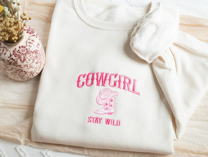 Embroidered Cowgirl Sweatshirt, Embroidered Stay Wild Sweatshirt, Cute Sweatshirts for Women, Trendy Crewneck, Bachelorette Party WILD-C-196