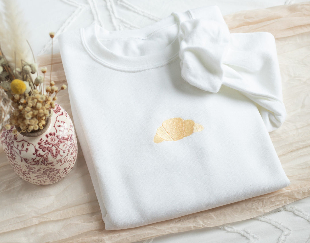 Embroidered Croissant Sweatshirt, Embroidered Croissant Sweatshirt, Cute Sweatshirts for Women Men, Trendy Crewneck, Foodie Bakery CRO-C-97