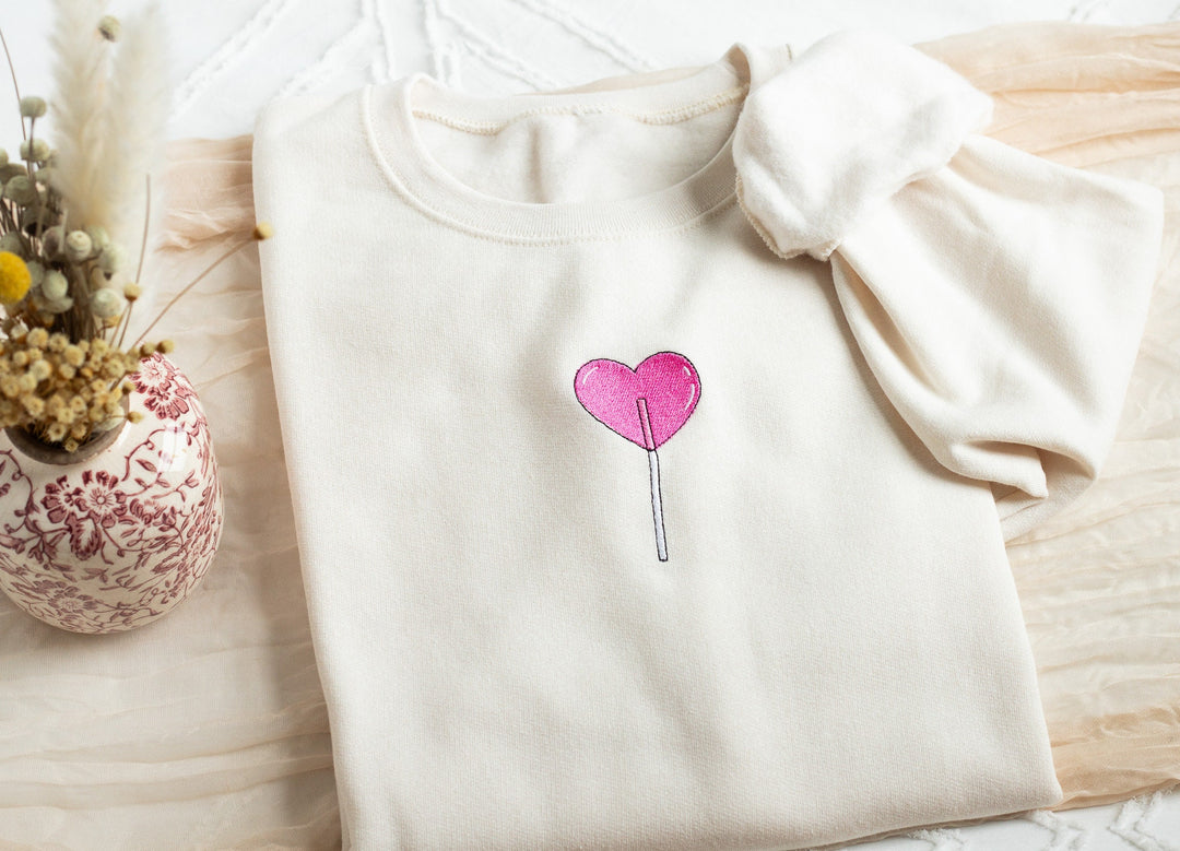 Embroidered Heart Lollipop Sweatshirt, Embroidered Cute Sweatshirt, Cute Sweatshirts Women, Trendy Crewneck, Preppy Sweatshirt, HELO-C-97