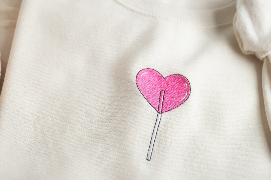 Embroidered Heart Lollipop Sweatshirt, Embroidered Cute Sweatshirt, Cute Sweatshirts Women, Trendy Crewneck, Preppy Sweatshirt, HELO-C-97