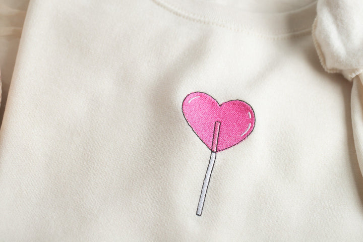 Embroidered Heart Lollipop Sweatshirt, Embroidered Cute Sweatshirt, Cute Sweatshirts Women, Trendy Crewneck, Preppy Sweatshirt, HELO-C-97