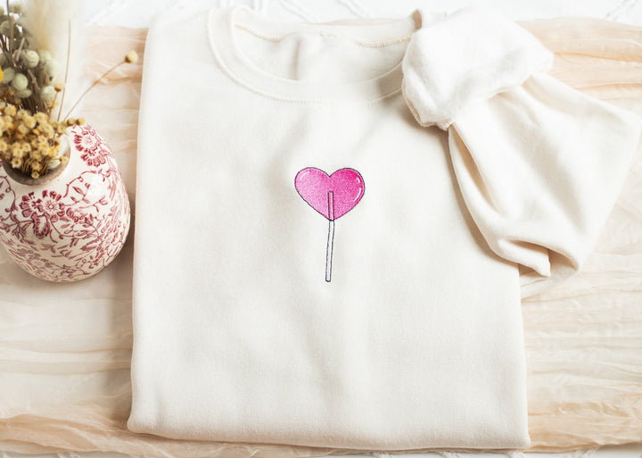 Embroidered Heart Lollipop Sweatshirt, Embroidered Cute Sweatshirt, Cute Sweatshirts Women, Trendy Crewneck, Preppy Sweatshirt, HELO-C-97