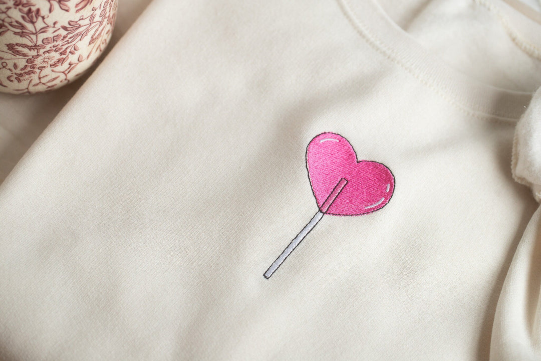 Embroidered Heart Lollipop Sweatshirt, Embroidered Cute Sweatshirt, Cute Sweatshirts Women, Trendy Crewneck, Preppy Sweatshirt, HELO-C-97