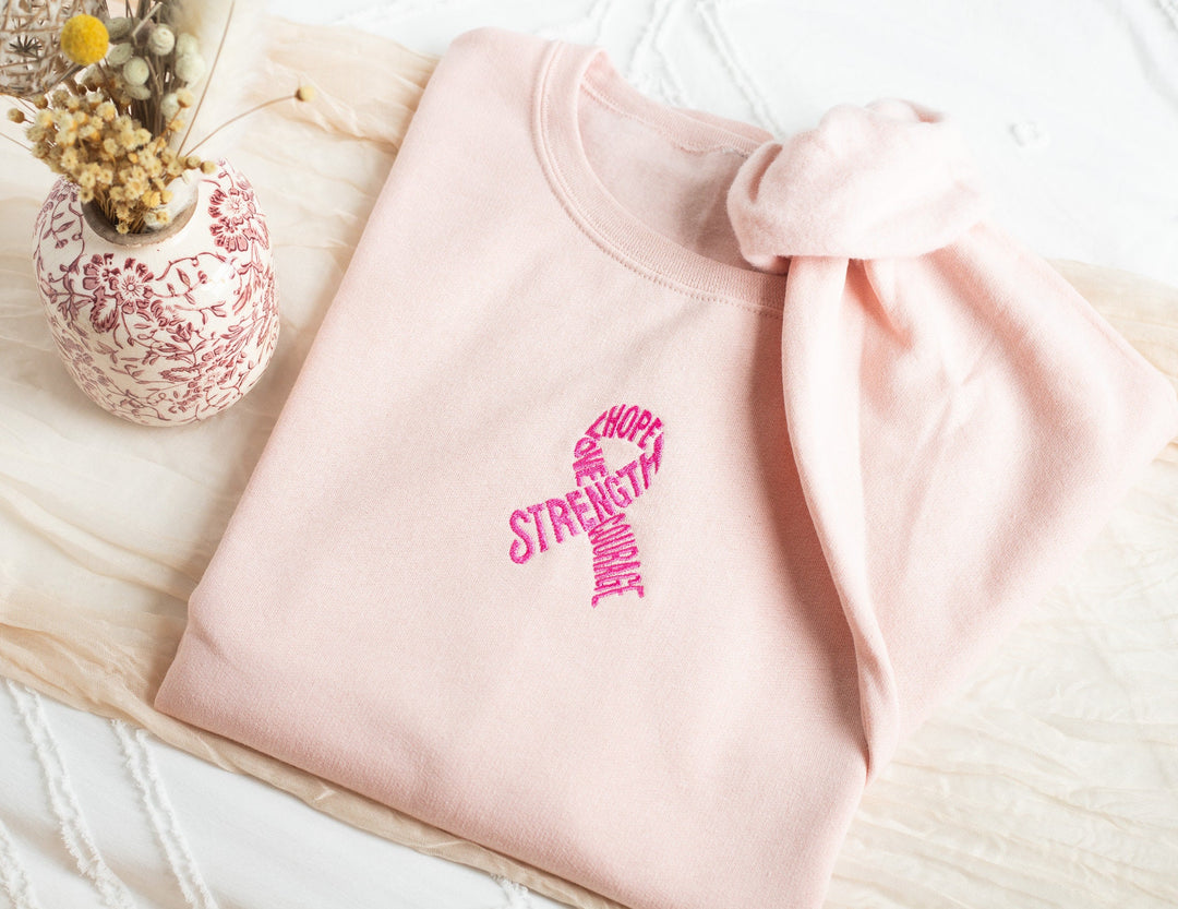 Embroidered Breast Cancer Awareness Sweatshirt, Embroidered Pink Ribbon Sweatshirt, Hope Strength Sweatshirt, Motivational RIBB-C-97