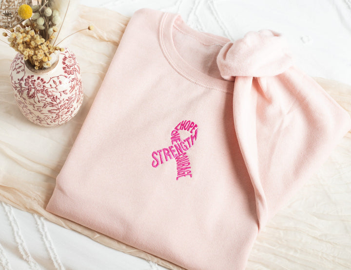 Embroidered Breast Cancer Awareness Sweatshirt, Embroidered Pink Ribbon Sweatshirt, Hope Strength Sweatshirt, Motivational RIBB-C-97