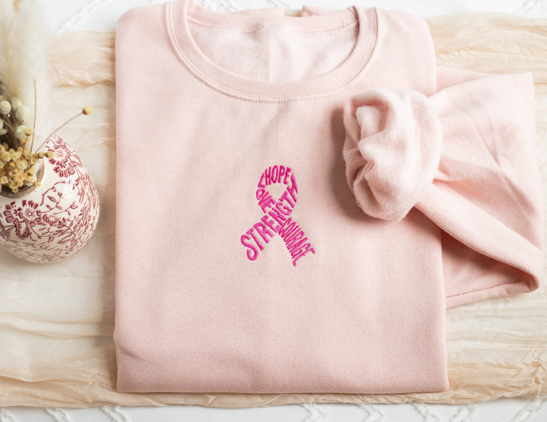 Embroidered Breast Cancer Awareness Sweatshirt, Embroidered Pink Ribbon Sweatshirt, Hope Strength Sweatshirt, Motivational RIBB-C-97
